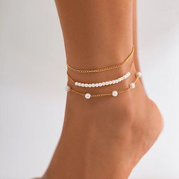 Anklets Boho Sweet Imitation Pearl Beads Anklet Women's 2023 Multi Layered Simple Gold Color Metal Girl Fashion Beach Jewelry Set