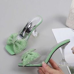 New Slippers Size 34 46 Summer Party Slippers Fashion Green Rhinestone Bow Heels Sandals Women Square Open Toe Pvc Transparent Shoes Slides 230406