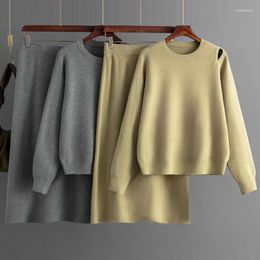 Two Piece Dress Women Solid Skirt Outfits Casual Round Collar Knitted Pullovers Suit Long Sleeve Sweat Tops & High Waist Skirts Set T692