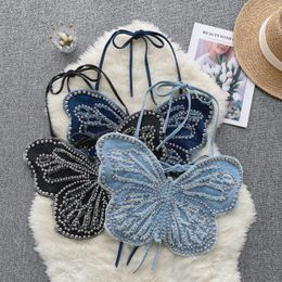 Women's Tanks Girl Style Halter Spaghetti Straps Denim Camisole Tank For Women Summer Backless Lace Up Beaded Butterfly Y2K Top Seaside