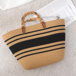 Duffel Bags Female Simple Striped Storage Travel Tote Carry On Luggage Cotton Knitted Handbag Large Capacity Bag With Hard Handle