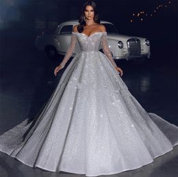 2024 Arabia Glitter Princess Wedding Dress Off Shoulder Sparkly Long Sleeves Bridal Gowns A-Line Dubai Pageant Bride Dresses Vestidos De Novia