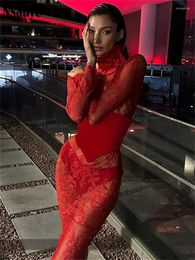 Casual Dresses Ladies Hollow Out Lace Long Sleeve Maxi Dress For Women Corset Elegant Bodycon Night Club Party Winter 2023