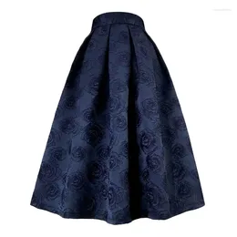 Skirts 2023 Summer Vintage Aesthetic Chic Elegant Korean High Waist Navy Blue Rose Embroidery Puffy Skirt For Office Lady OL Work Wear