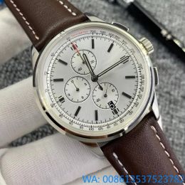 Hochwertige rechte AAA-Uhren für Herren, Premier, 42 mm, schwarzes Zifferblatt, japanisches Uhrwerk, VK-Uhr, Quarz-Chronograph, Lederarmband, Floding-Verschluss, Herrenkleid mit Fast-Track-Armband