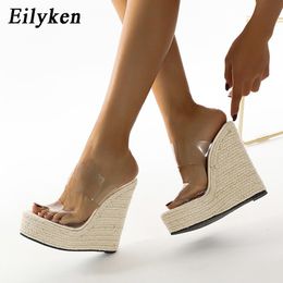 Slippers Eilyken Summer PVC Transparent Peep Toe Cane Straw Weave Slippers Platform Wedges Sandals Women Fashion High Heels Female Shoes 230408