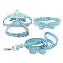 Dog Harness Collar Leash Set 3 Peices Suit Adjustable Soft Suede Fabric Shining Diamonds Pet Vests For Dogs Comfort Pets Supplies ZZ