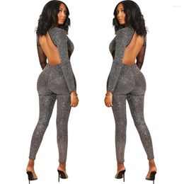 Women's Jumpsuits AHVIT Backless Hollow Out Deep V Neck Sexy Women Long Sleeve Diamond Patchwork Fashion Skinny Romper YD-Y8048