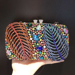 Leaf feather metal inlaid diamond banquet makeup bag, colorful magnetic buckle, rhinestone handbag 231108