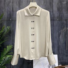Women's Blouses Imitation Silk Shirt Simple Small Fresh Double Breasted Women Blouse Camisas Shirts