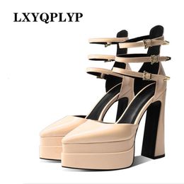 Sandals Brand Pointed Toe Patent Leather Roman Womens Platform Summer Thick High Heel Sexy Ladies Party Shoes Pumps 230408