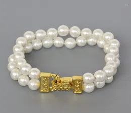 Link Bracelets JQHS 8" 2row 8mm Round White South Sea Shell Pearls Bracelet Gold Plated Clasp C1195