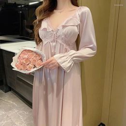 Women's Sleepwear Sexy Silk V-Neck Nightgown 2023 Spring Women French Graceful Flare Sleeve Lace Fairy Sleep Dress Lady Padded Princess