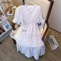 Plus Size Dresses Clothing Elegant Party Long Chiffon For Women 2023 Short Sleeve Flower Print Dress Summer Lotus Leaf