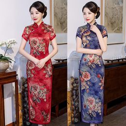 Ethnic Clothing FZSLCYIYI Plus Size Silk Broadside Cheongsam Dresses Retro Peony Printing Long Qipao Red Blue Ladies Chinese Dress 5XL