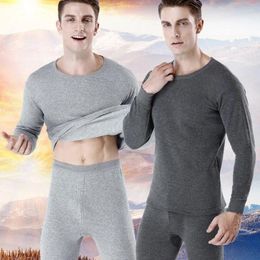 Men's Thermal Underwear M-4XL 4Color Thick Fleece High Elastic Man Shirt Pant Set Casual Soft Fit Round Neck Winter Outdoor Keep Warm