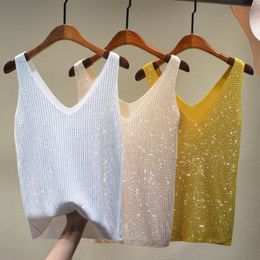 Camisoles Tanks Women's Sexy Sequin Tank Top Sequin Lace Top V-neck Jacket Basic Camis Tank Top Fashion Women's Clothing Top Tight Chest 230408