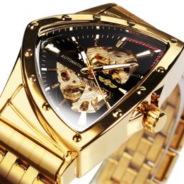 Wristwatches WINNER Triangle Skeleton Gold Black Watch for Men Automatic Mechanical Wristwatch Irregular Luxury Stainless Steel Strap relogio 231107