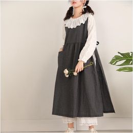 Casual Dresses Mori Girl Plaid Dress Loose Split Lace Up Cotton Linen Vest Tank Cute Lolita Vintage Hippie Boho Women Vestido Mujer