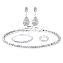 Rhinestone Crystal Teardrop Design Wedding Bridal Jewellery Set Silver Plated Women Choker Necklace Earrings Set