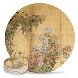 Table Mats Japanese Gold Leaf Screen Spring And Autumn Flowers Placemats For Kitchen Coffee Decor Accessories Ceramic Coasters