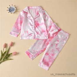 Pyjamas Childrens Kids Pyjamas Silk Satin Tie Dye Print Button Tops Pants Autumn Long Sleeve Sleepwear Nightwear Girls Boys Pyjama Sets R231108