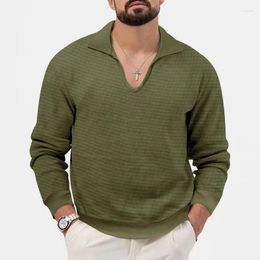 Men's Sweaters Retro American Small Square V-neck Pullover Versatile Commuting Lapel Top For Men Autumn Solid Colour Casual Long Sleeves