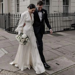 2024 Elegant A-Line Wedding Dress Halter Puff Sleeves Pleat Backless Silk Satin Bridal Party Gowns Vestidos De Novia