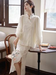 Work Dresses Vintage French Style Woman Outfits Embroidered Loose Blouse Shirt & Lace-up Slit Skirt Fairy Fashion Elegant 2 Piece Sets Lady