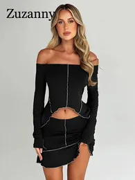 Work Dresses Zuzanny Autumn Irregular Ruffles Dress Set For Women Off Shoulder Long Sleeve Crop Top And Bodycon Short Skirt Matching Sets