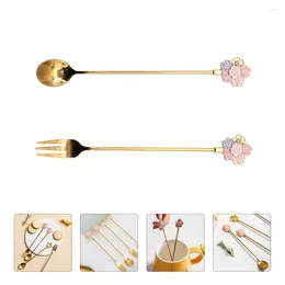 Spoons 2 Pcs Cherry Blossom Spoon Stainless Steel Scoop Creative Fork Dessert Cutlery Set Japanese Coffee Tableware Christmas