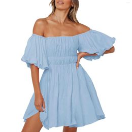 Casual Dresses Women's Summer Puff Sleeve Off Shoulder Mini Dress Ruffled A Line Flowy Swing Beach