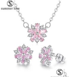 Earrings Necklace Cherry Blossom Jewellery Set Elegance Sakura Flower Pendant Stud For Bridesmaid Sets Dhbzb