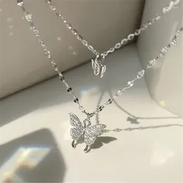 Pendant Necklaces Silver Color Butterfly For Women Fine Zircon Crystal Choker Collar Stacked Double Chain Jewelry Gift