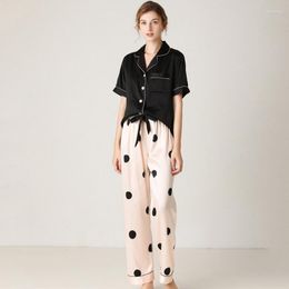 Women's Sleepwear FAFABALOU Summer Silk Satin Pyjamas Short Sleeve Loungewear 2-Piece Sleepwears Button-Down Pyjamas Set Silky Homewears For
