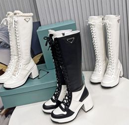 Latest Boot Triangle lace-up knee-high boot chunky Heel Leather lace-up zipper Shoes Women's Luxury Designer High Quality Fashion Shoes Factory Shoe Size