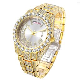 Wristwatches Iced Out Watch For Men Luxury Full Moissanite Gold Day Date Watches Hip Hop Fashion Party Dress Male Clock Drop