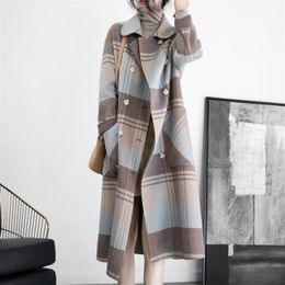 Plaid Mäntel für Frauen Herbst Winter 2023 Vintage Langarm Zweireiher Wolle Mantel Casual Drehen Unten Kragen Jacken