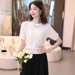 Casual Dresses White Hollowed Out Short Sleeved Knit Shirt For Women's Summer 2023 Style Celebrity Temperament Thin And Slim Round Neck Top