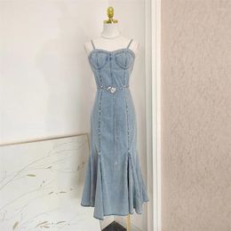 Casual Dresses Summer Fashion 2023 Women Spaghetti Strap Sleeve Pearls Embroidered Flares Denim Trumpet Chains Belt Long Dress