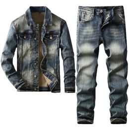 Retro Blue Simple Men's Jeans Suit Autumn Winter Classic Denim Jacket and Pants 2-Piece Set American Style Slim Fit Streetwear