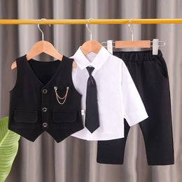 Clothing Sets Toddler boys Gentleman Long Sleeve White T-Shirt plaid suit tie 3 piece Clothes Outfits Boys Formal clothing Set 231108