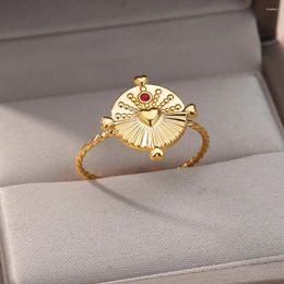 Cluster Rings Love Heart Stainless Steel Ring Round Natural Stone Gold Colour Open Adjustable Jewellery For Women Lucky Joints