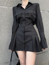 Casual Dresses HOUZHOU Black Shirt Dress Women's Elegant Vintage Long Sleeve Dress Sexy Gothic Pleated Street Clothing Lapel Casual Robe 230408