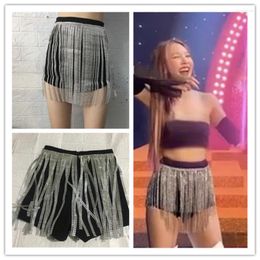 Women's Shorts Kpop Korean Singers Summer Dance Sexy Long Rhinestone Shiny Women Nightclub Elastic Tassel Black High Waist Slim