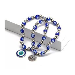 Beaded Blue Evil Eyes Beaded Strands Charm Bracelets Fashion Stretch Beads Bracelet Bangles Lucky Turkish Pendant Jewellery Dr Dhgarden Dhtlq