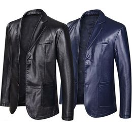 Men Leather Casual Blazer Jacket Fashion Loose Lapel Leather Suit Plus Size Black Blue Male Tops283K