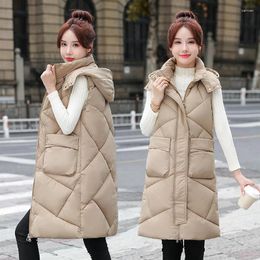 Women's Vests Autumn Winter Vest Jacket Down Cotton Tank Top Long Detachable Hat Hooded Coats Casual Sleeveless Loose Outwear 4XL