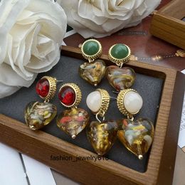 Medieval Vintage Monet Classic Real Gold Electroplating Ancient Method Glass Inlaid Peach Heart Pendant Earrings