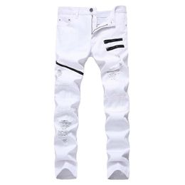 New Men casual jeans Fashional denim Pants Knee Holes Panelled Zipped hiphop pants Washed Middle Waist high quality304I